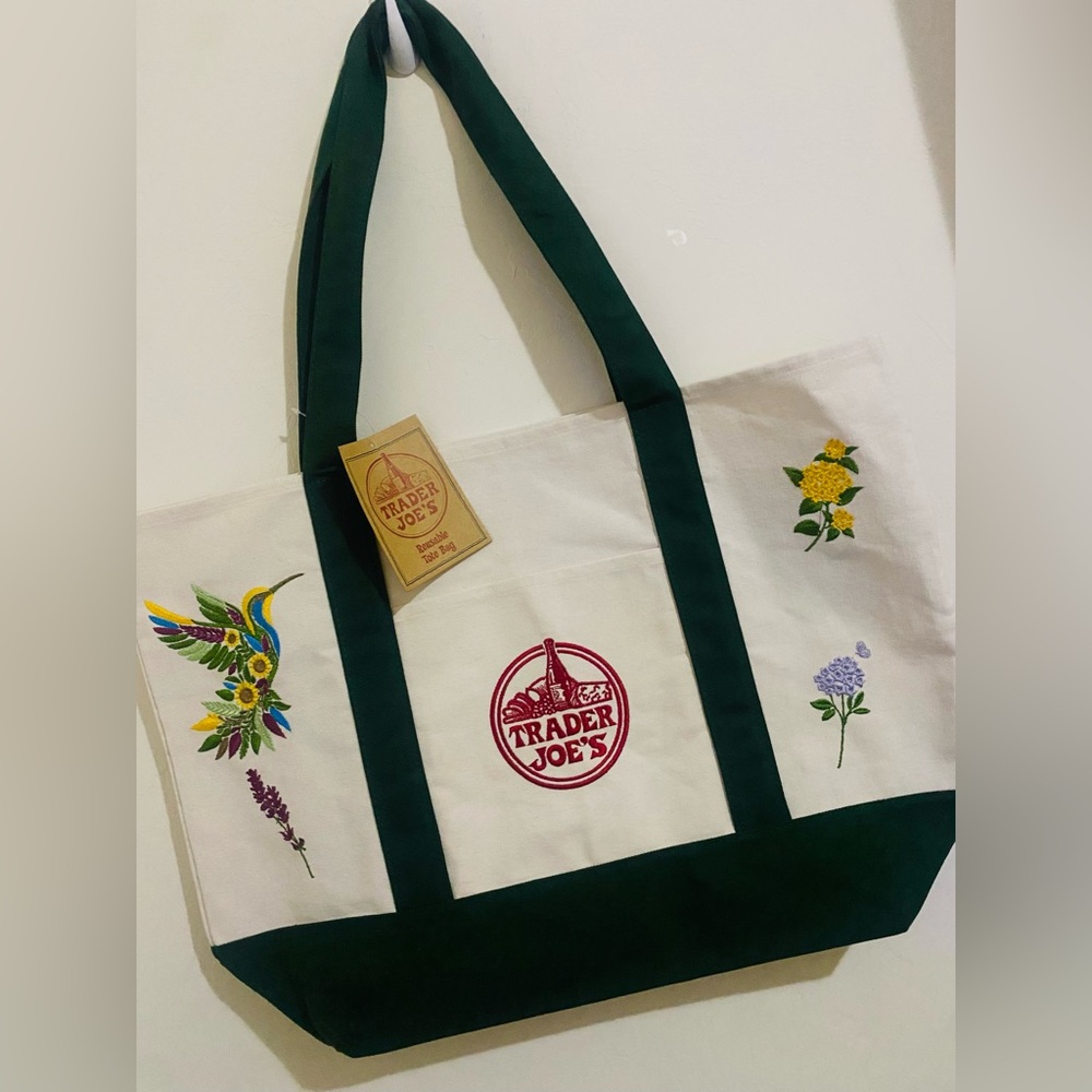 NWT Embroidered Trader Joe’s Canvas Tote | Boho Reusable Market Bag | Gift Idea